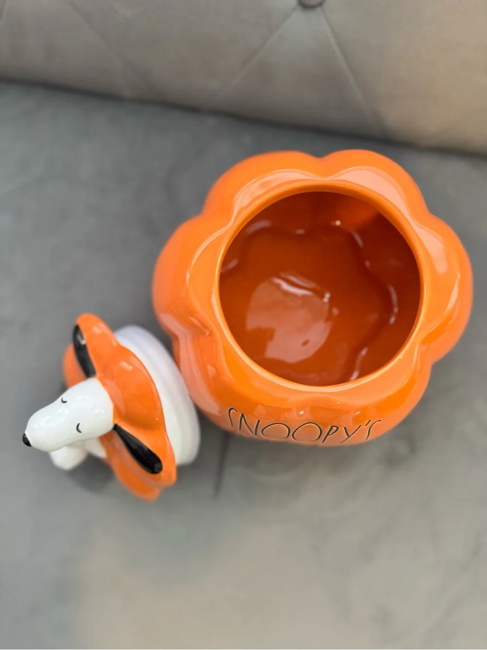 Rae Dunn Orange Snacks/Cookie Ceramic Pumpkin with Snoopy Lid